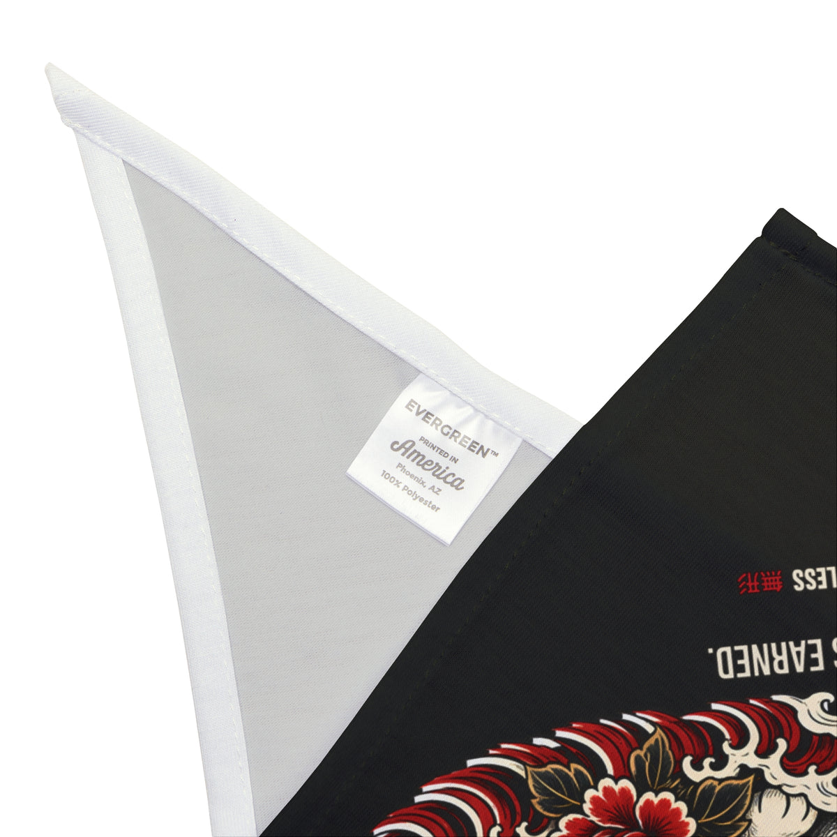 MANEKI dog bandana in black with lucky cat, red flowers and waves print, second corner detail with hem and sewn-in label | Formless