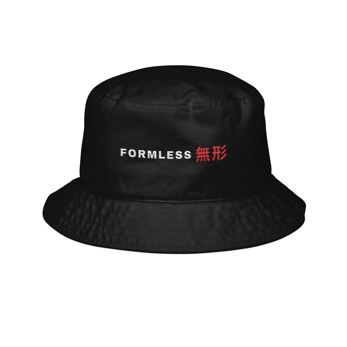 FORMLESS embroidered bucket hat in Black with small FORMLESS 無形 wordmark – front | Formless