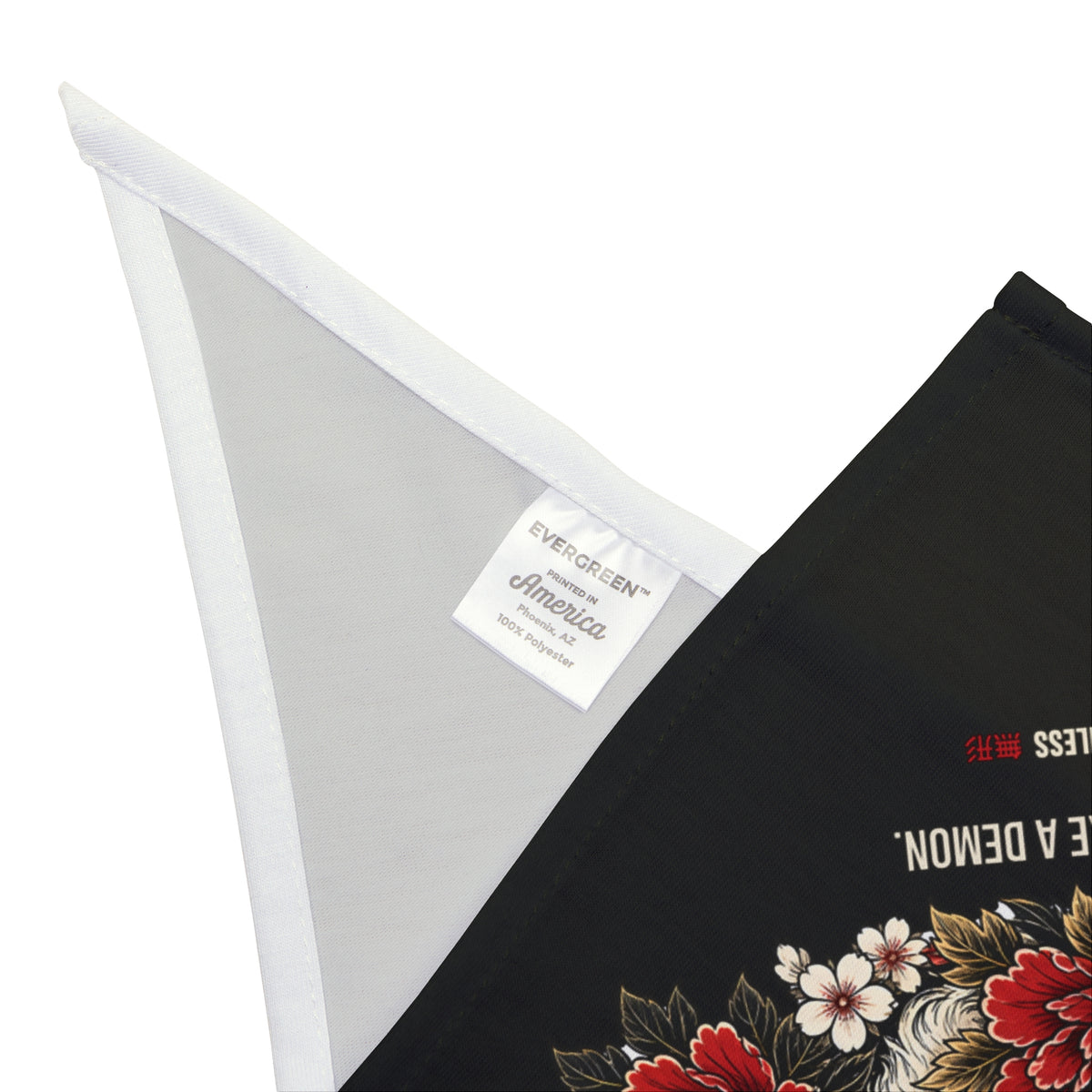 ONI dog bandana in black with red oni mask, white dog, waves and flowers print, second corner detail with hem and sewn-in label | Formless