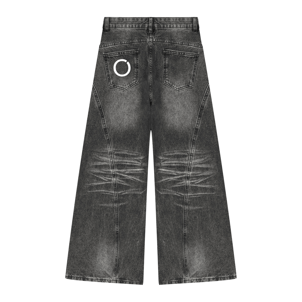 FILLER ARC women's vintage wash wide leg jeans in Black, flat back view with whiskered fade and circle emblem | Formless