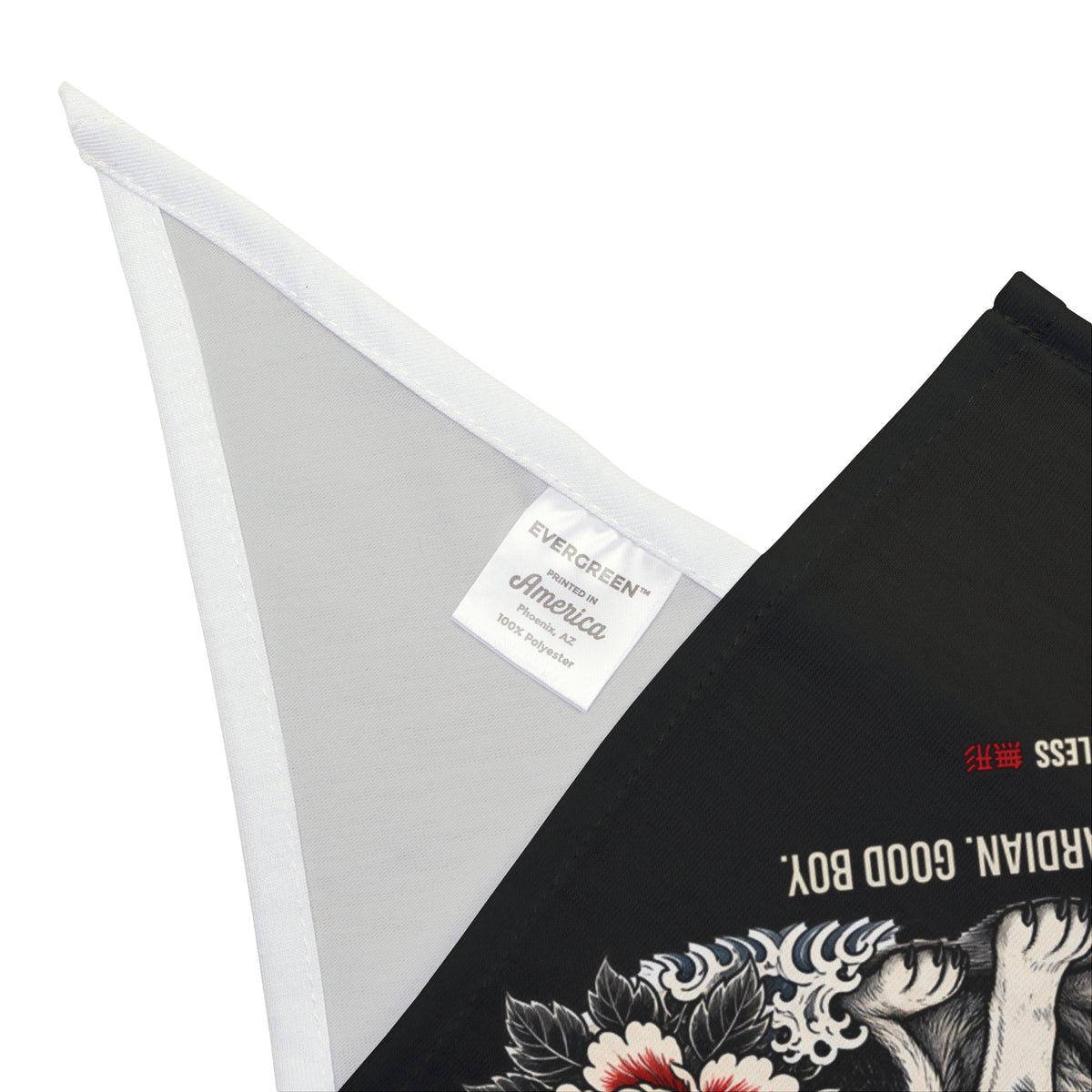KITSUNE dog bandana in black with fox-mask guardian dog and flowers print, second corner detail with hem and sewn-in label | Formless