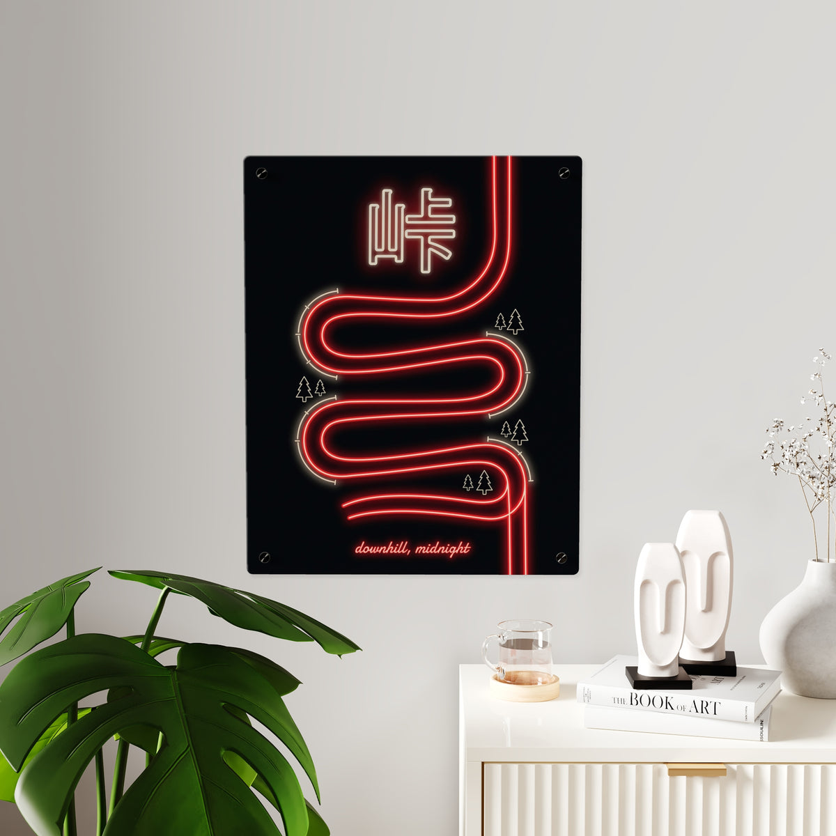 TOUGE MOUNTAIN PASS acrylic wall art panel, larger panel on a white wall beside a plant and sideboard | Formless