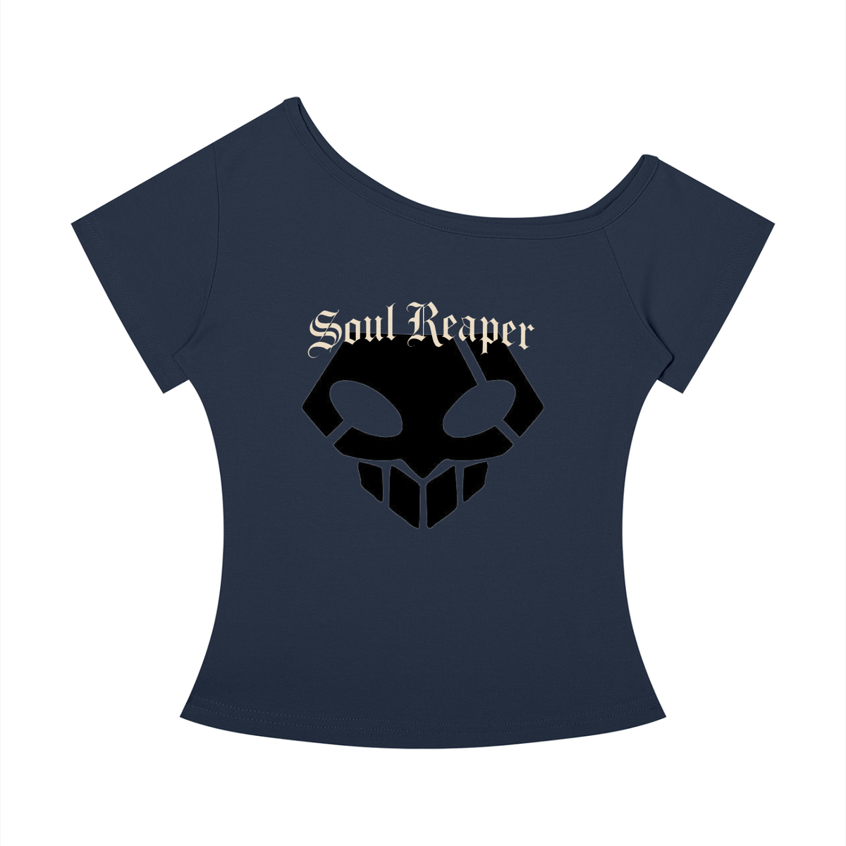 Women's text print off-the-shoulder cropped tee in Navy Blue | Formless
