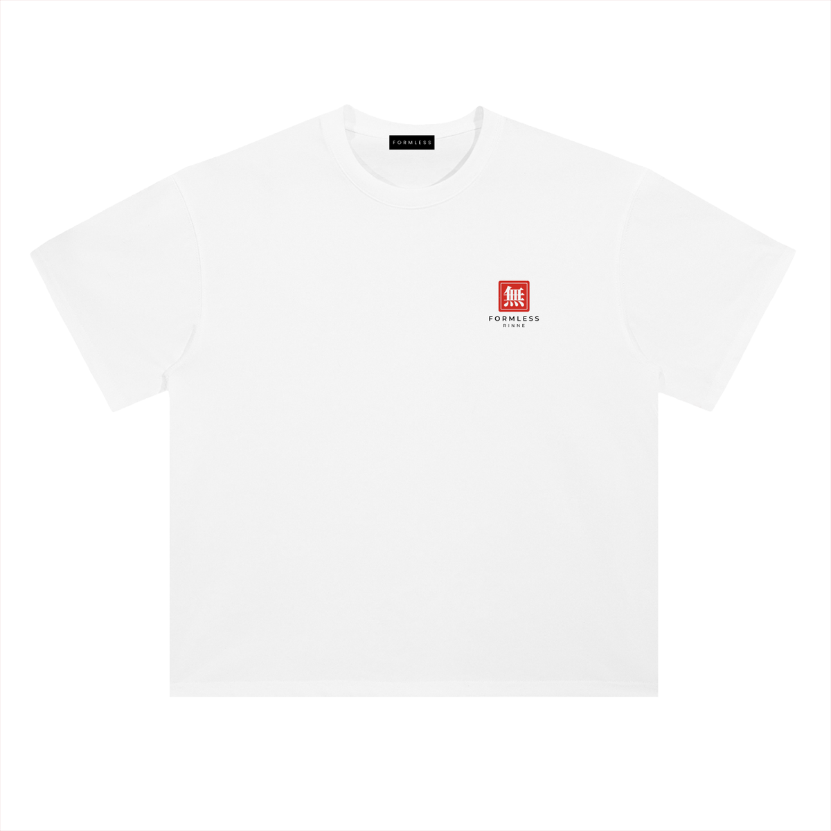 RINNE heavyweight boxy graphic tee in White, flat front view with small red chest logo | Formless