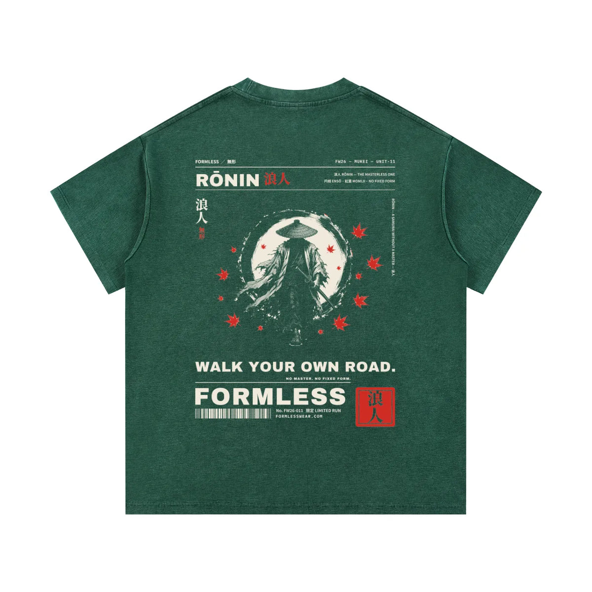 RŌNIN washed waffle knit tee in Blackish Green, back graphic | Formless