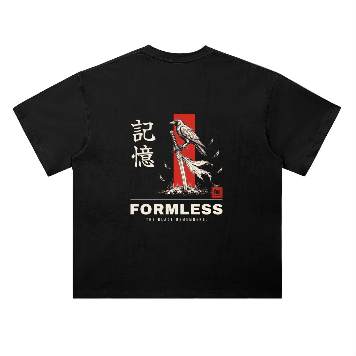 KIOKU heavyweight boxy graphic tee in Black, flat back view with crow and katana print | Formless