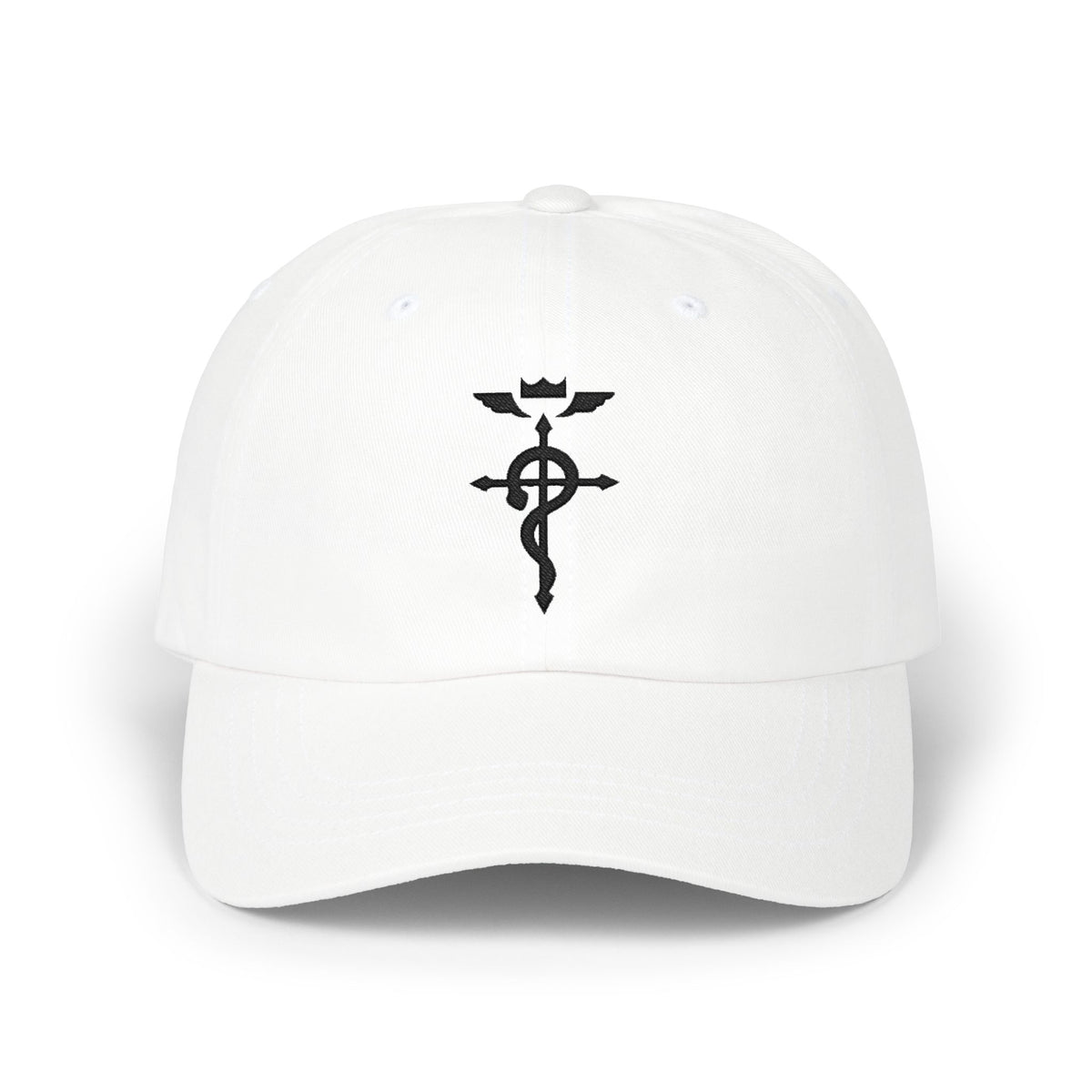 Embroidered cotton twill dad cap in White, front view with embroidered sigil | Formless
