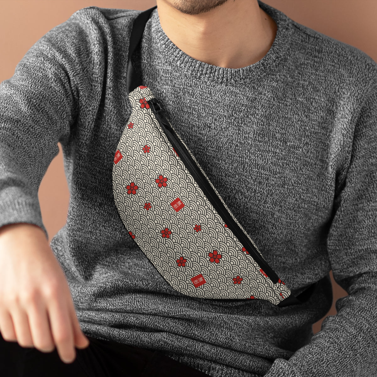MUKEI all-over print fanny pack with seigaiha waves, red sakura and 無形 stamps on bone – worn | Formless