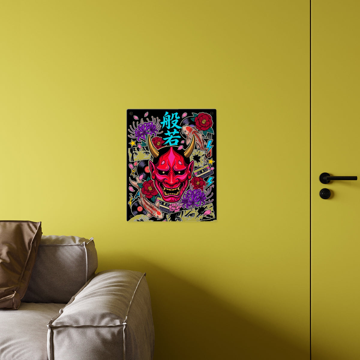 HANNYA acrylic wall art panel, larger panel on a yellow wall above a sofa | Formless