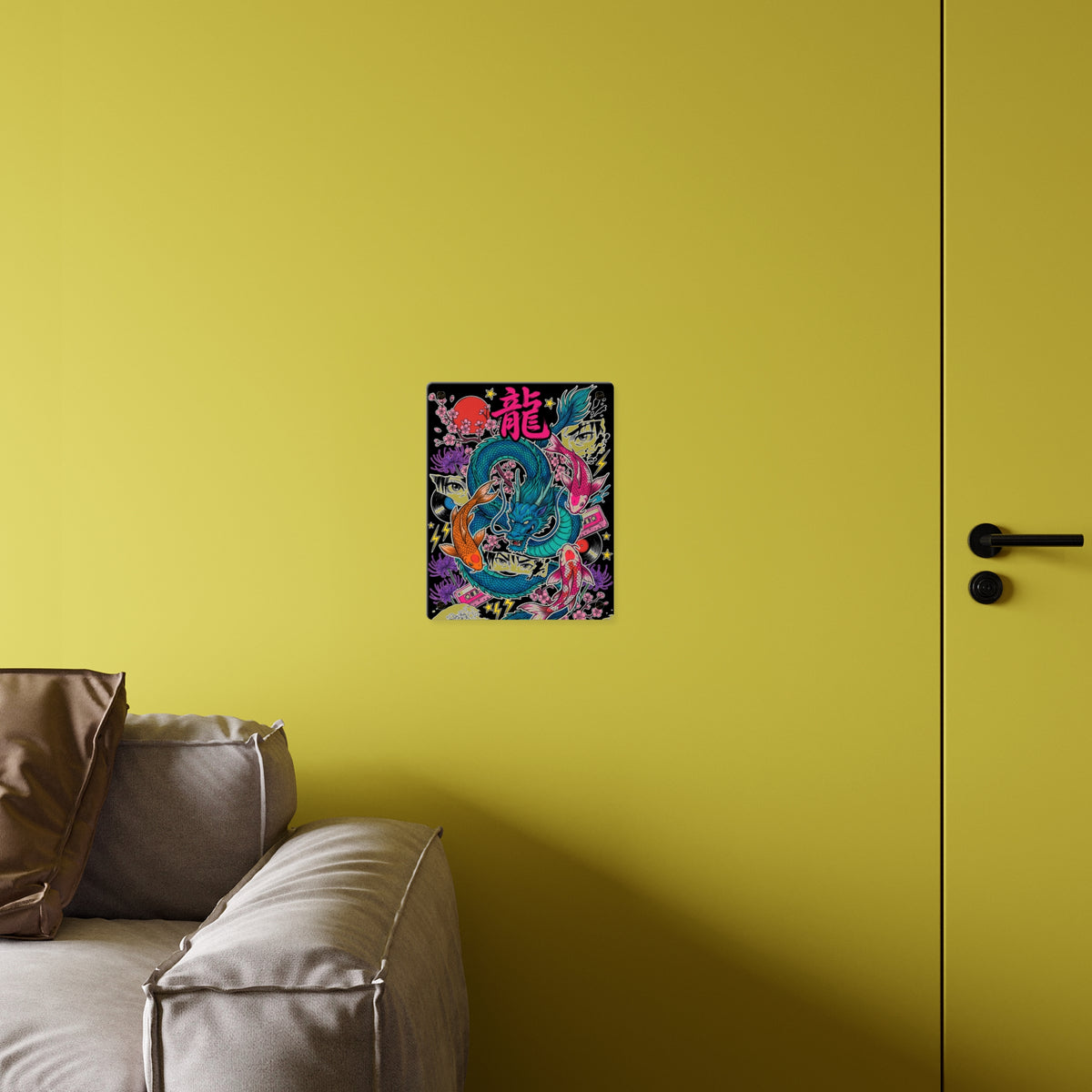 RYŪ KOI DRAGON acrylic wall art panel on a yellow wall above a sofa | Formless