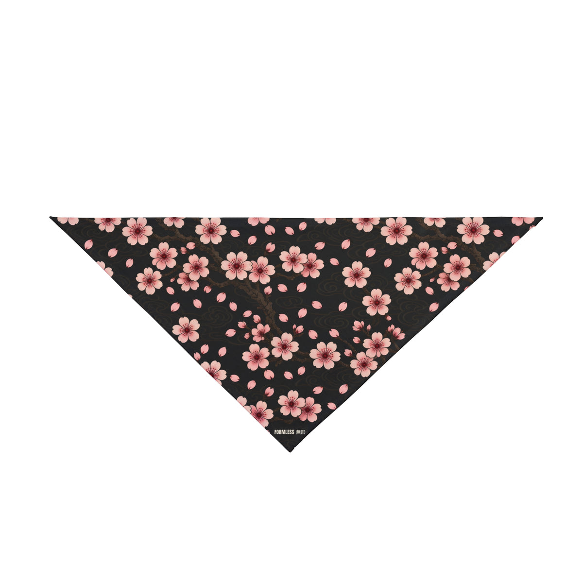 SAKURA dog bandana in black with all-over pink cherry blossom print, flat front view | Formless