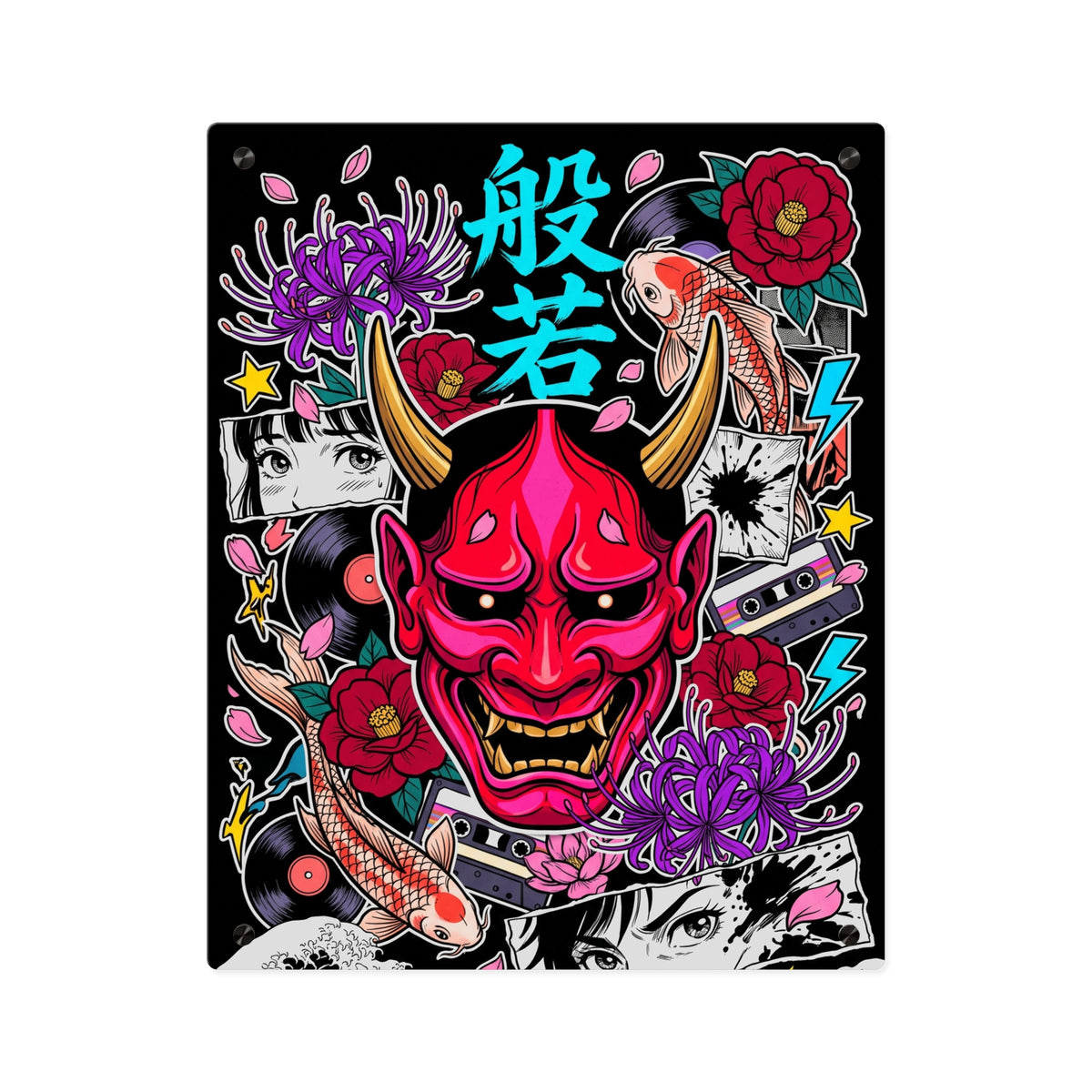 HANNYA acrylic wall art panel, front view close-up with a crimson hannya mask | Formless