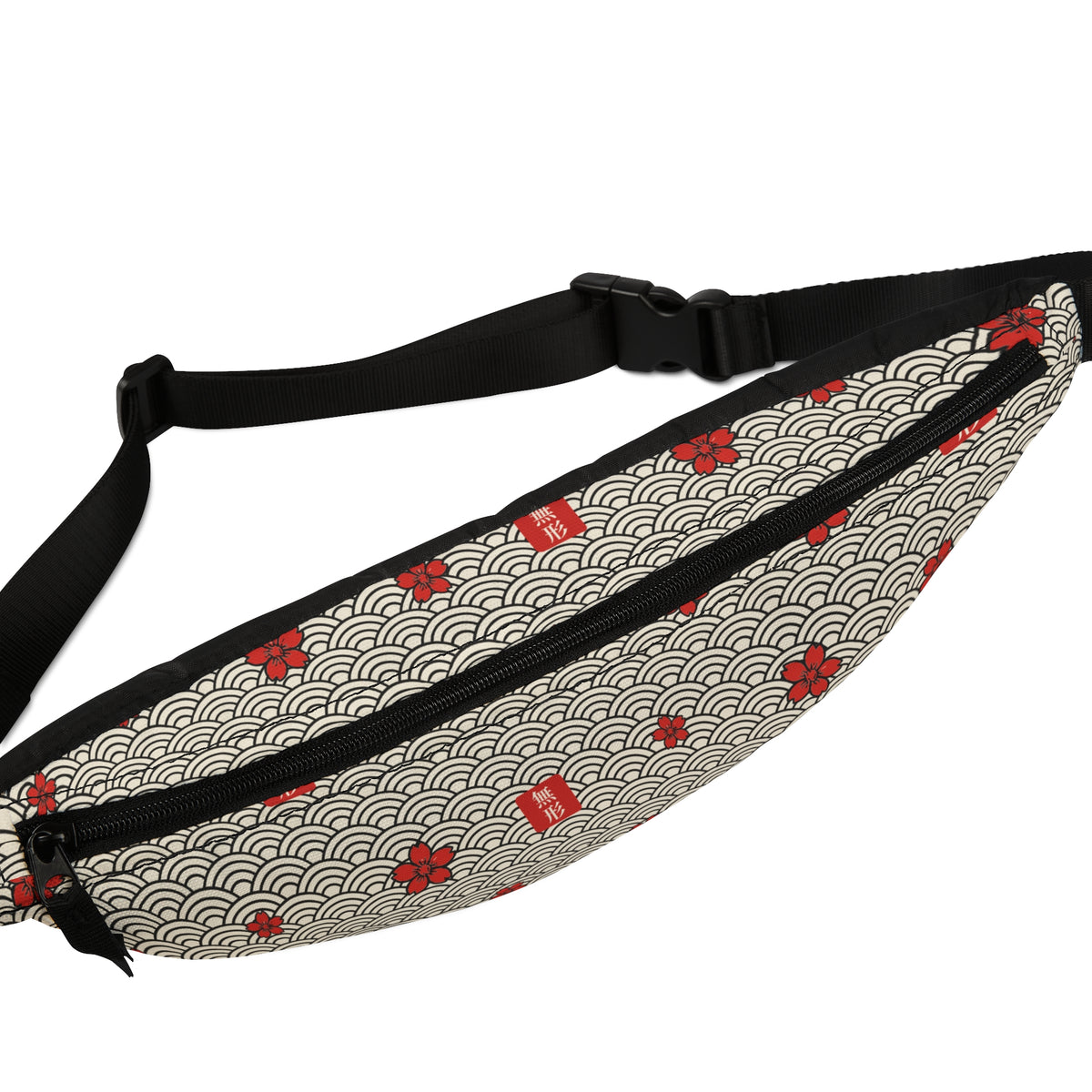 MUKEI all-over print fanny pack with seigaiha waves, red sakura and 無形 stamps on bone – top panel | Formless