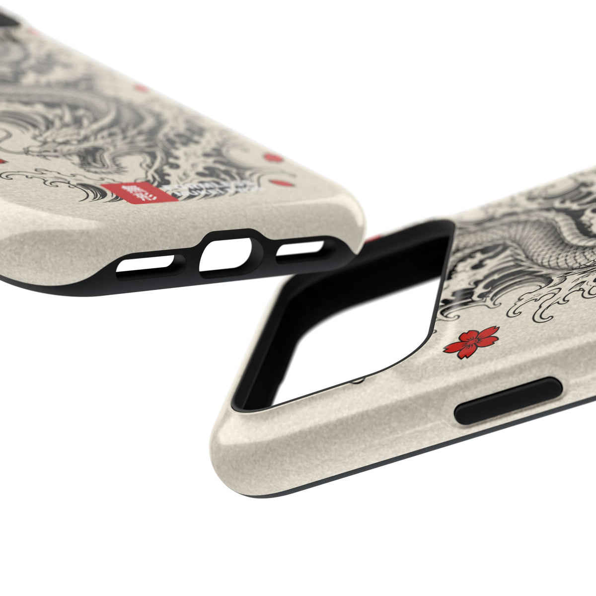 RYŪ magnetic tough phone case, close-up of edge and port cutouts with dragon artwork | Formless