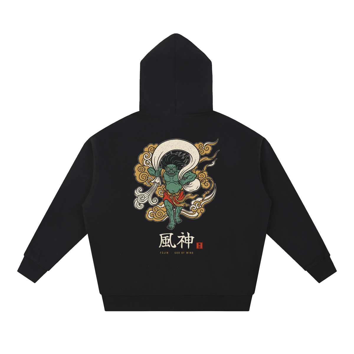 FŪJIN 風神 heavyweight hoodie in Black, back with wind god print