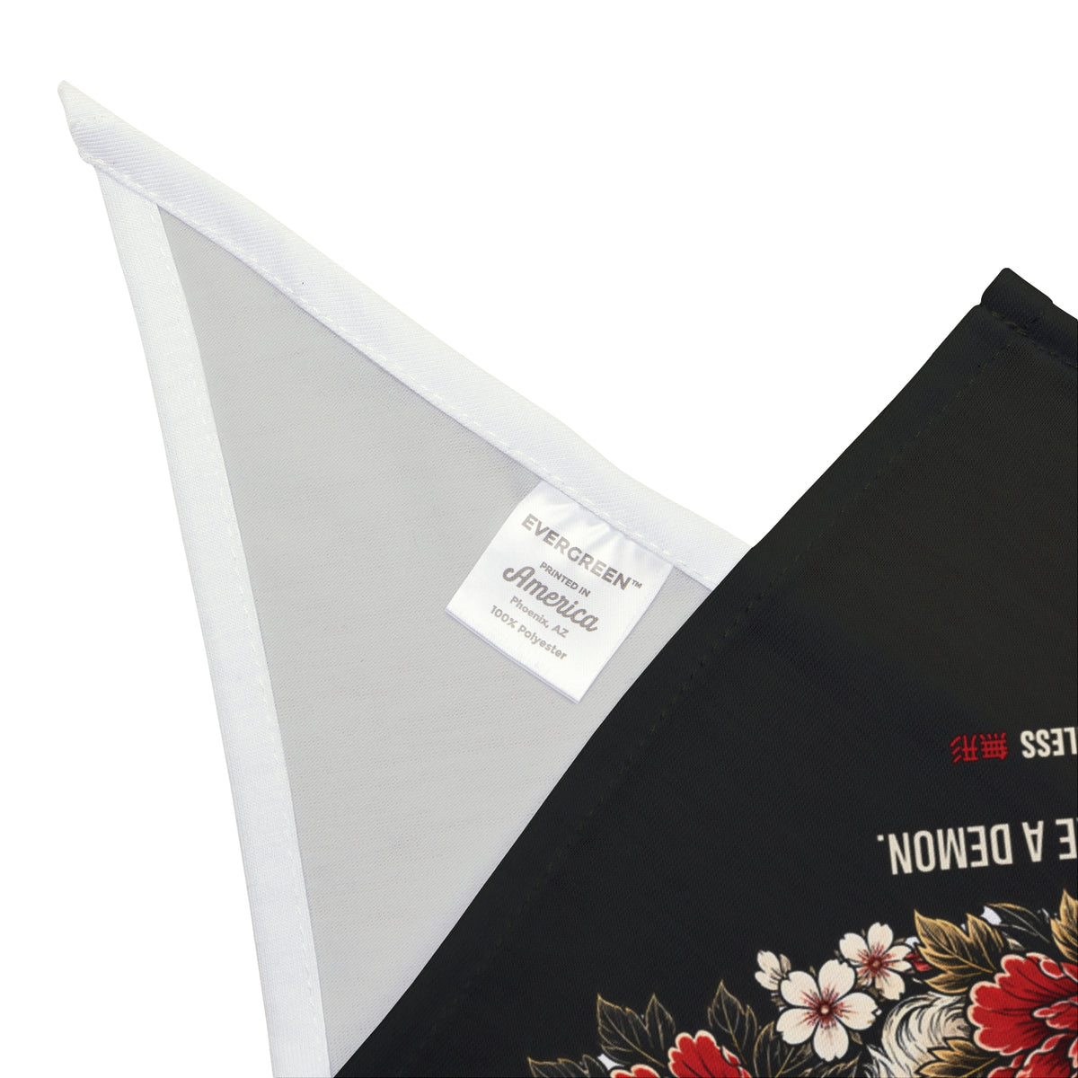 ONI dog bandana in black with red oni mask, white dog, waves and flowers print, corner detail with hem and care label | Formless