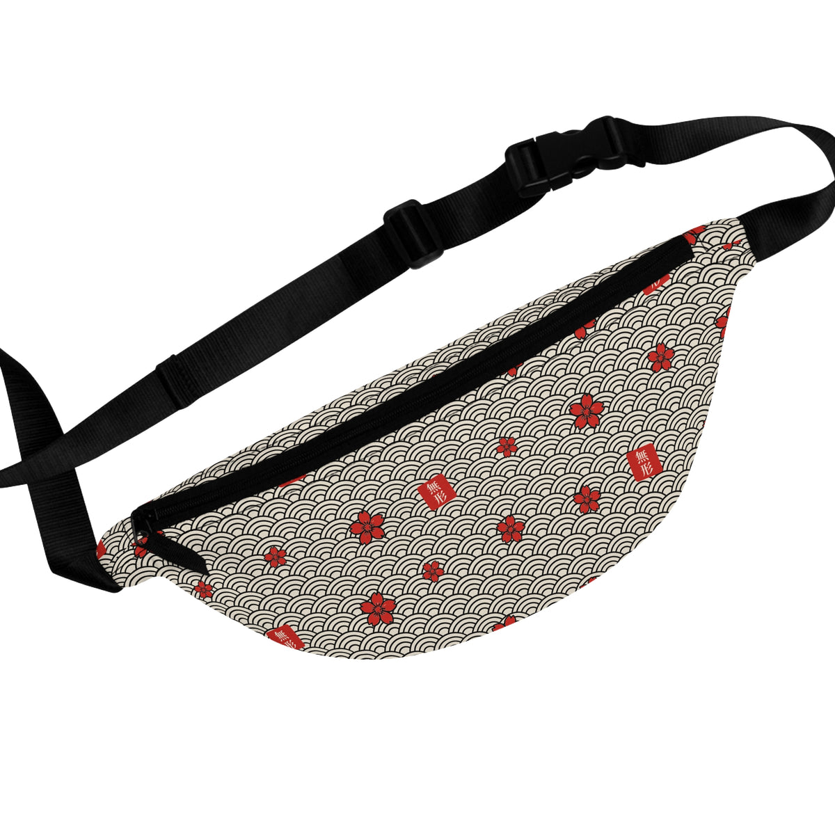 MUKEI all-over print fanny pack with seigaiha waves, red sakura and 無形 stamps on bone – front | Formless