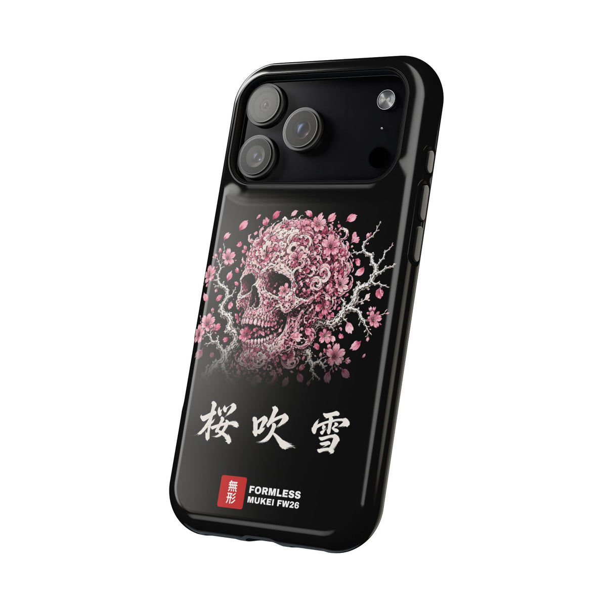 SAKURA FUBUKI magnetic tough phone case with cherry blossom skull artwork, iPhone 18 Pro Max angled view | Formless