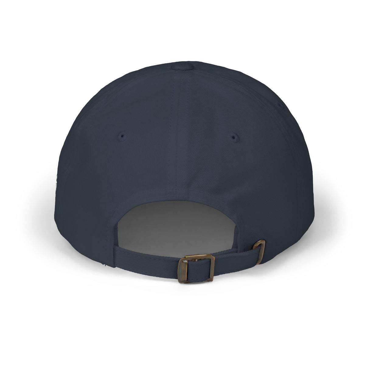 Navy Formless 雷 Raijin drum ring embroidered dad cap, back view with adjustable strap and brass buckle