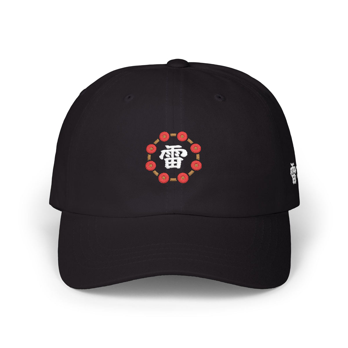 Black Formless 雷 Raijin drum ring embroidered dad cap, front view with ring of eight drums around a brush-style 雷