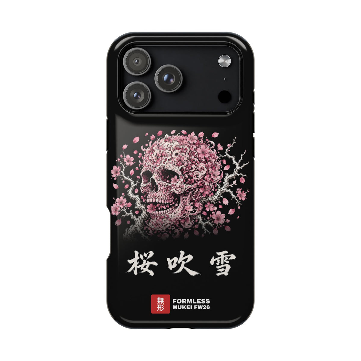 SAKURA FUBUKI magnetic tough phone case with cherry blossom skull artwork, iPhone 18 Pro Max front view | Formless