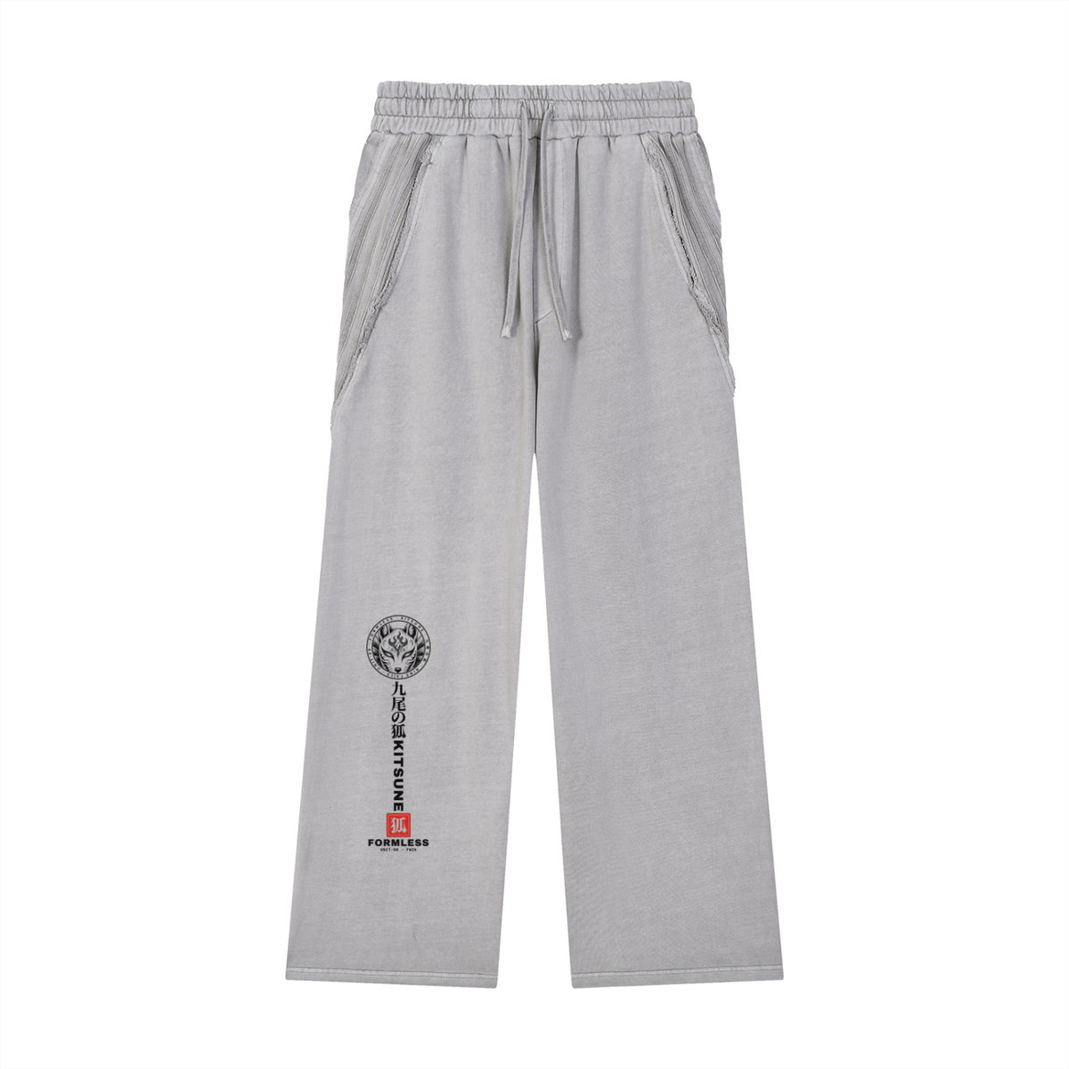 KITSUNE snow washed raw hem sweatpants in Light Gray, thigh graphic view | Formless
