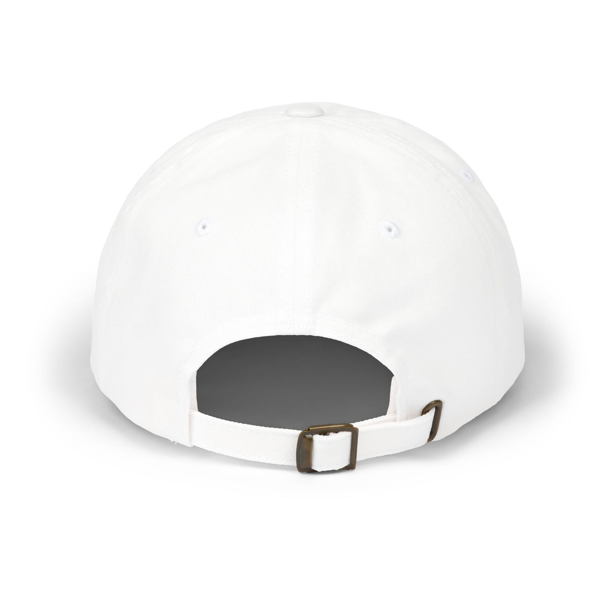 Embroidered cotton twill dad cap in White, back view with brass buckle strap | Formless