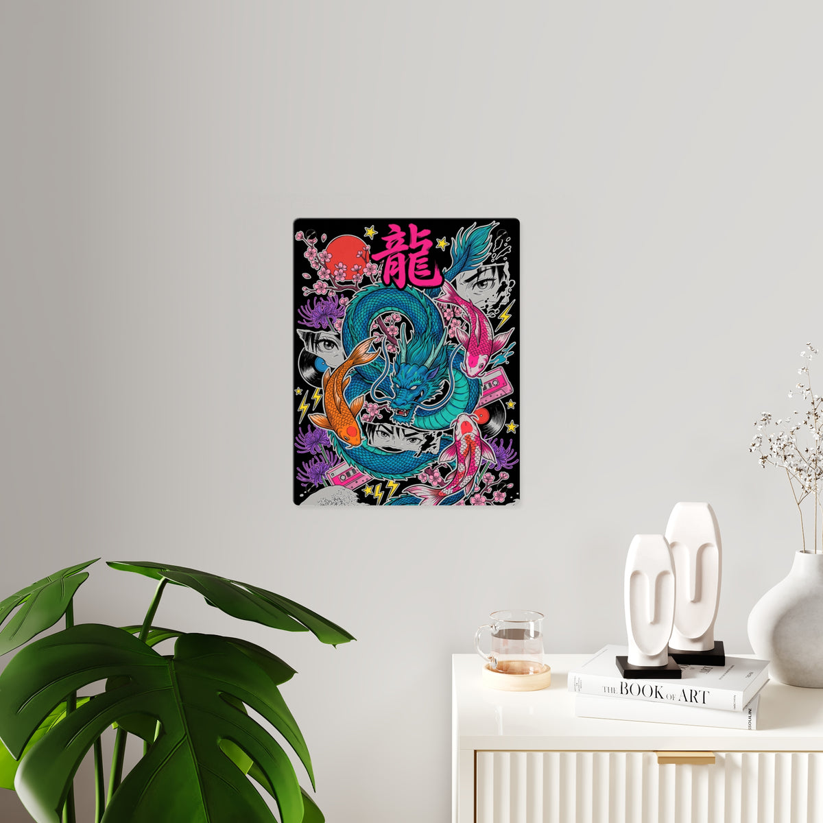 RYŪ KOI DRAGON acrylic wall art panel on a white wall beside a plant and sideboard | Formless