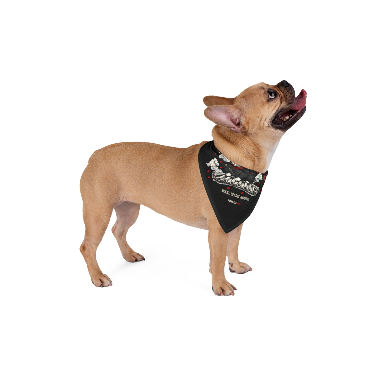 SHINOBI dog bandana in black with ninja, crescent moon and red blossoms print, worn by a tan dog, side view | Formless