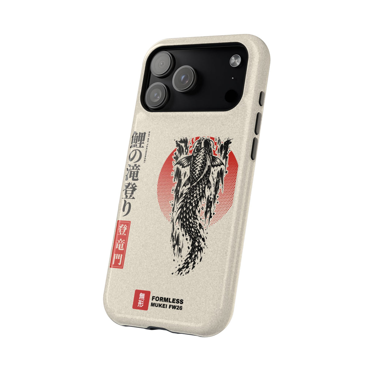 KOI magnetic tough phone case with koi, waterfall and red sun artwork, iPhone 18 Pro Max angled view | Formless