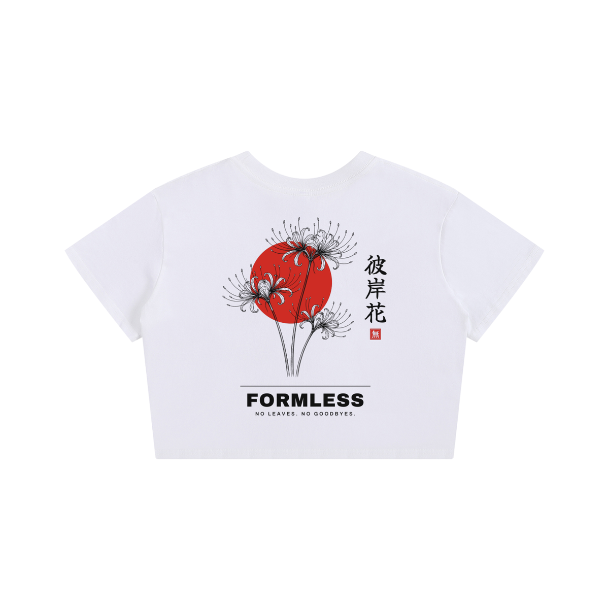 HIGANBANA women's cropped baby tee in White, flat back view with red spider lily and red sun print | Formless
