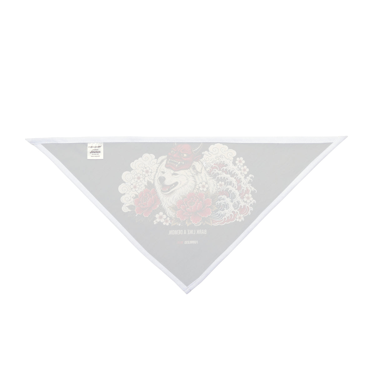 ONI dog bandana in black with red oni mask, white dog, waves and flowers print, second inside lining view | Formless