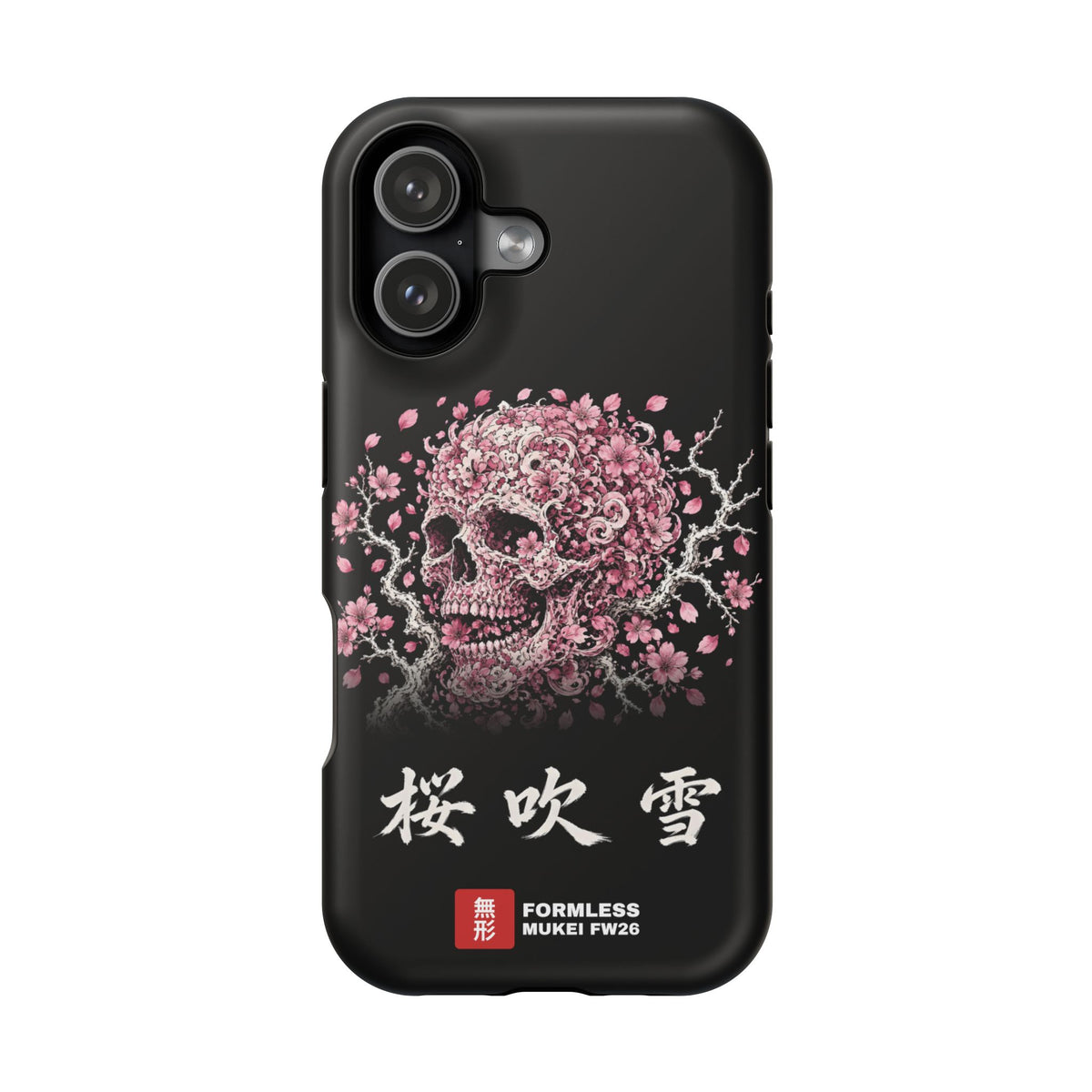 SAKURA FUBUKI magnetic tough phone case with cherry blossom skull artwork, iPhone 17 matte front view | Formless