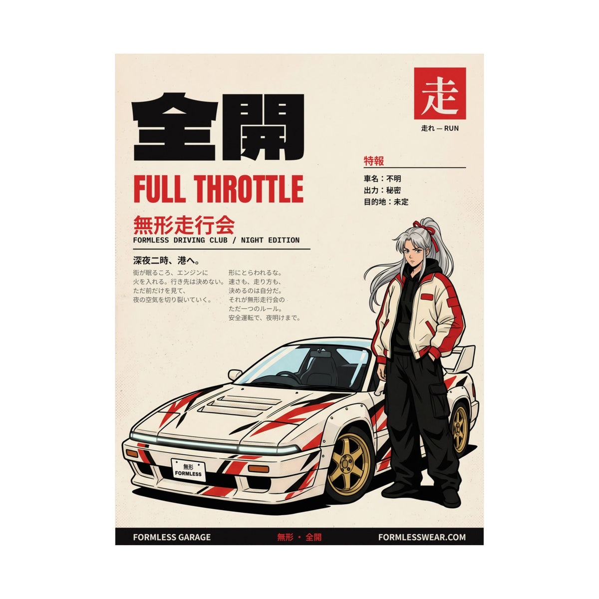全開 FULL THROTTLE JDM poster, full flat view of the matte print edge to edge