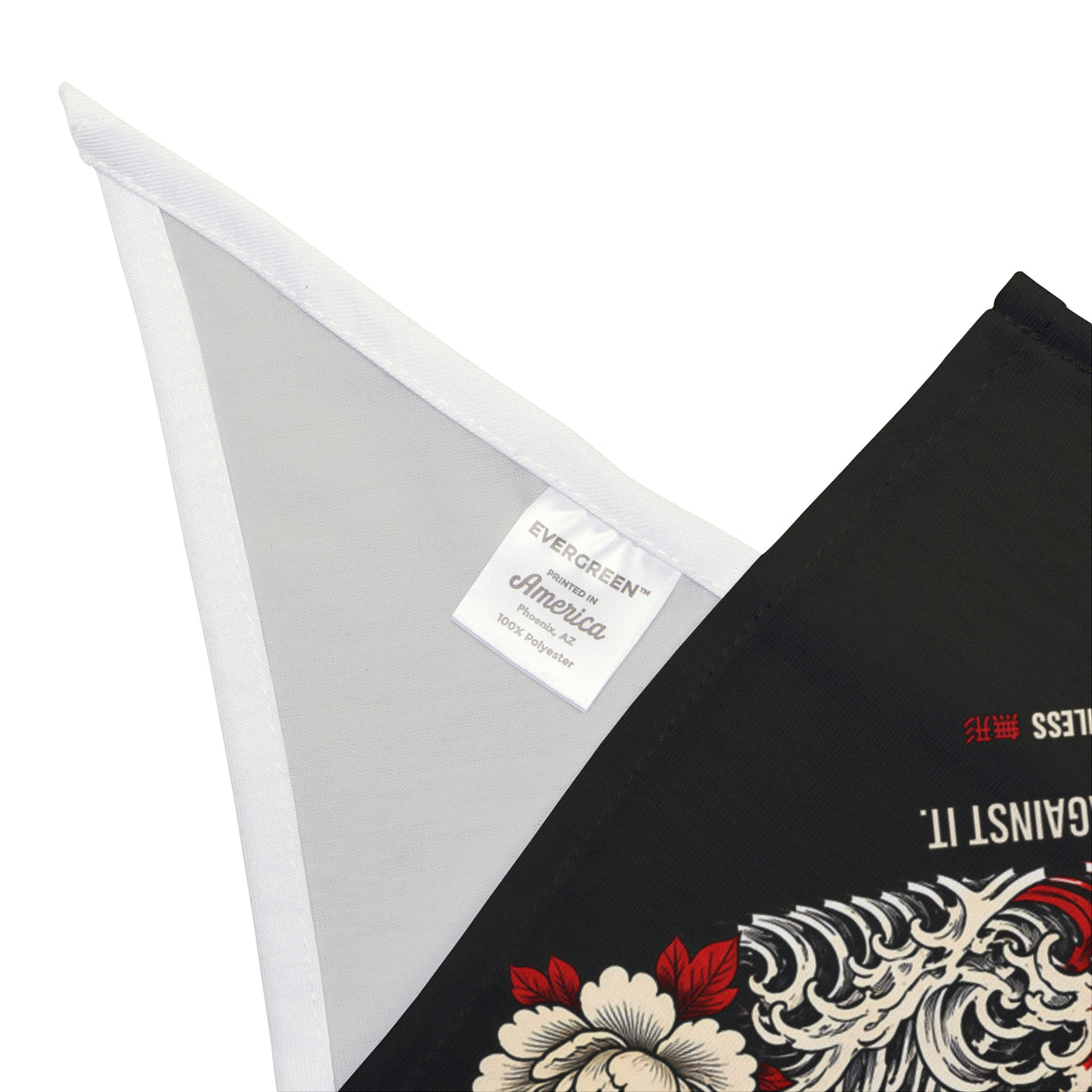 KOI dog bandana in black with red koi, waves and white flowers print, corner detail with hem and care label | Formless