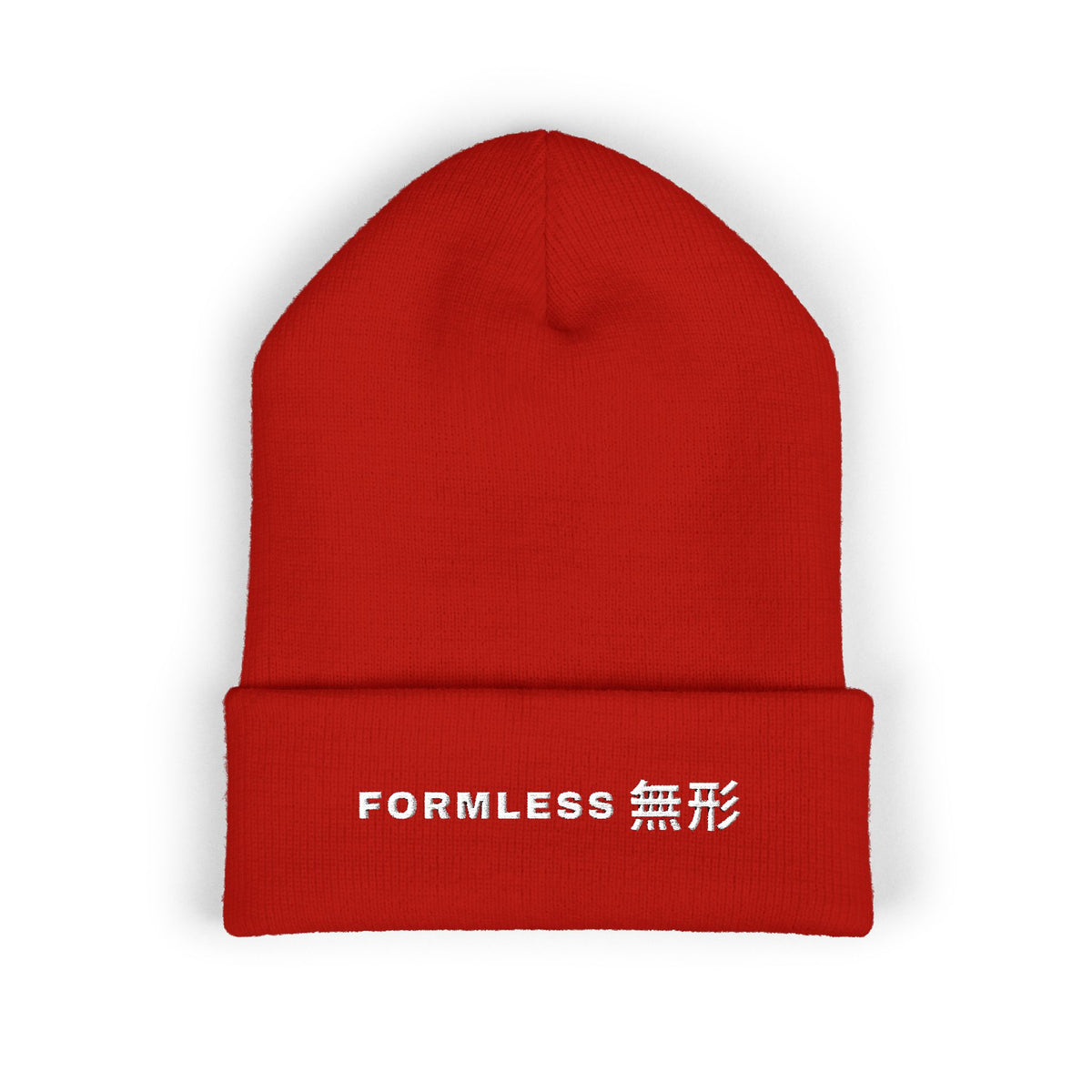 FORMLESS embroidered cuffed beanie in Red with FORMLESS 無形 wordmark on the cuff – front | Formless