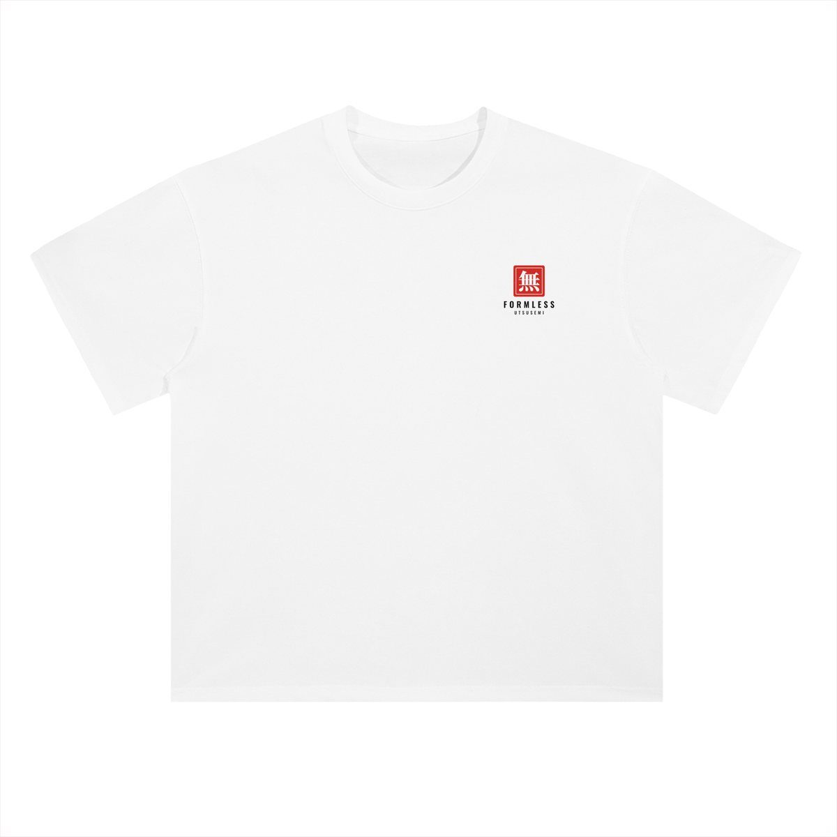 UTSUSEMI heavyweight boxy graphic tee in White, flat front view with small red chest logo | Formless