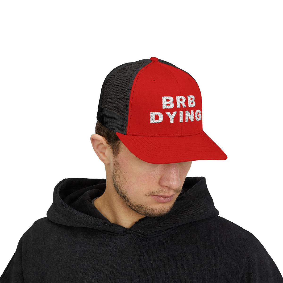 BRB DYING embroidered trucker cap in Red/Black with white BRB DYING embroidery on the front – worn, front | Formless