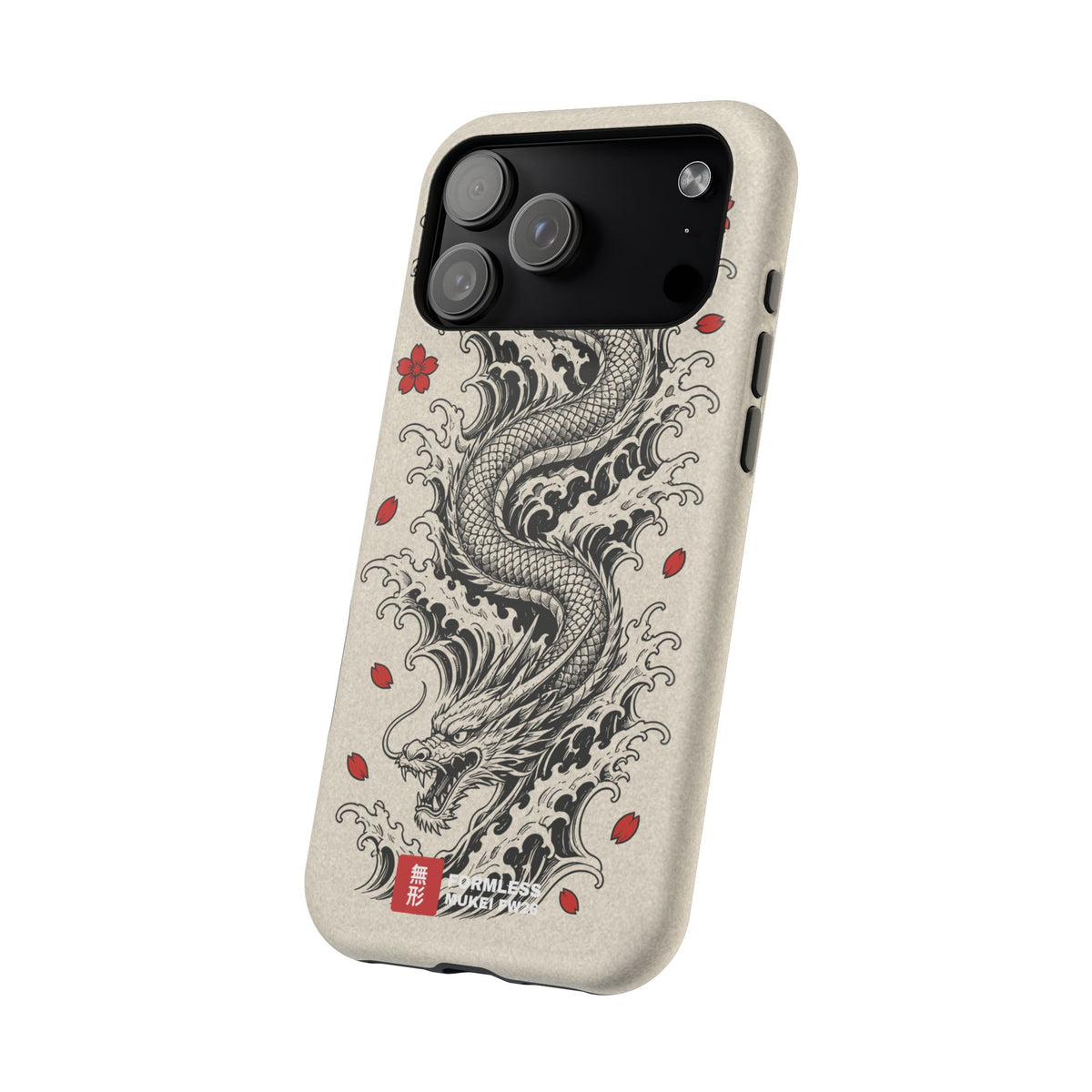 RYŪ dragon magnetic tough phone case, angled view showing the dragon and sakura art | Formless