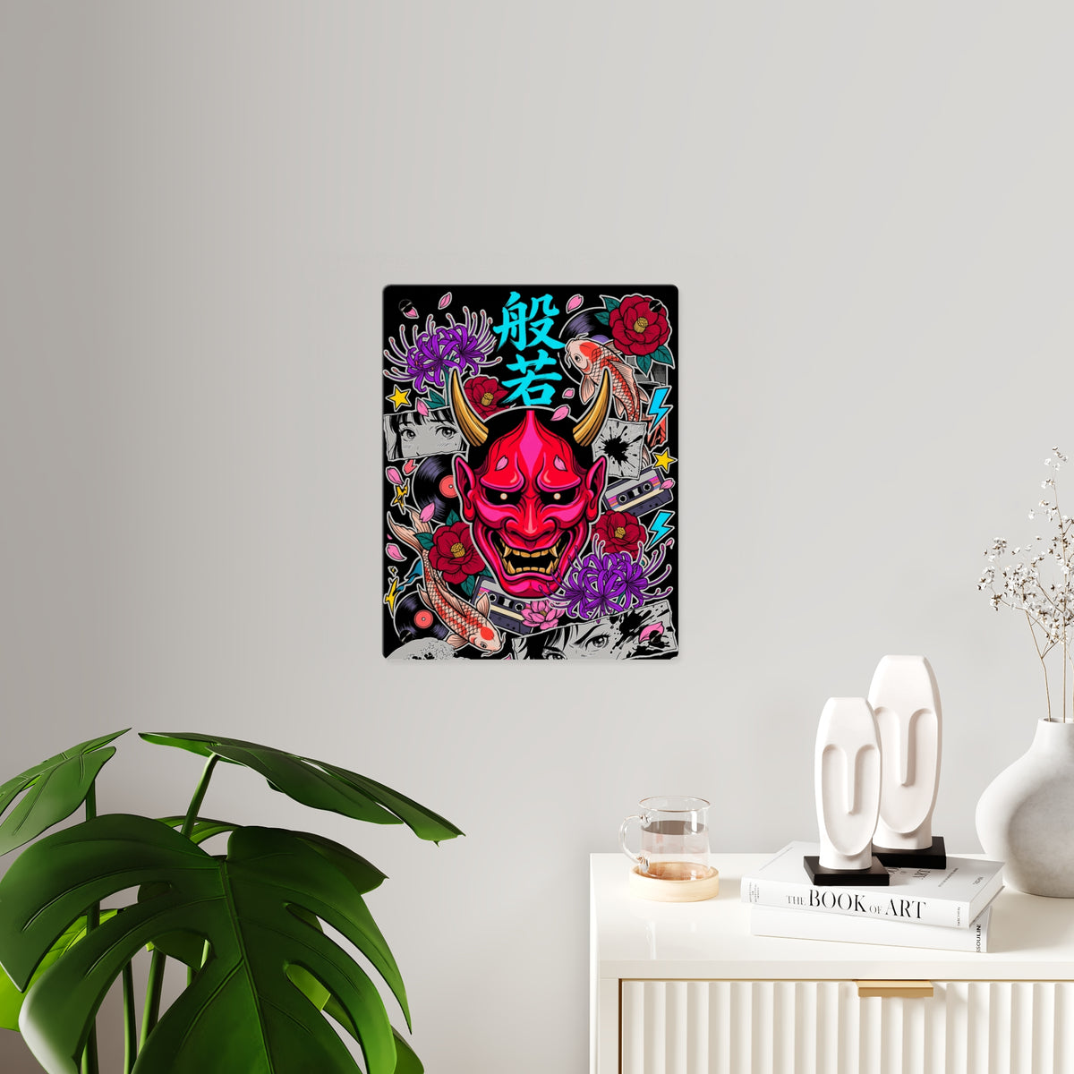 HANNYA acrylic wall art panel on a white wall beside a plant and sideboard | Formless