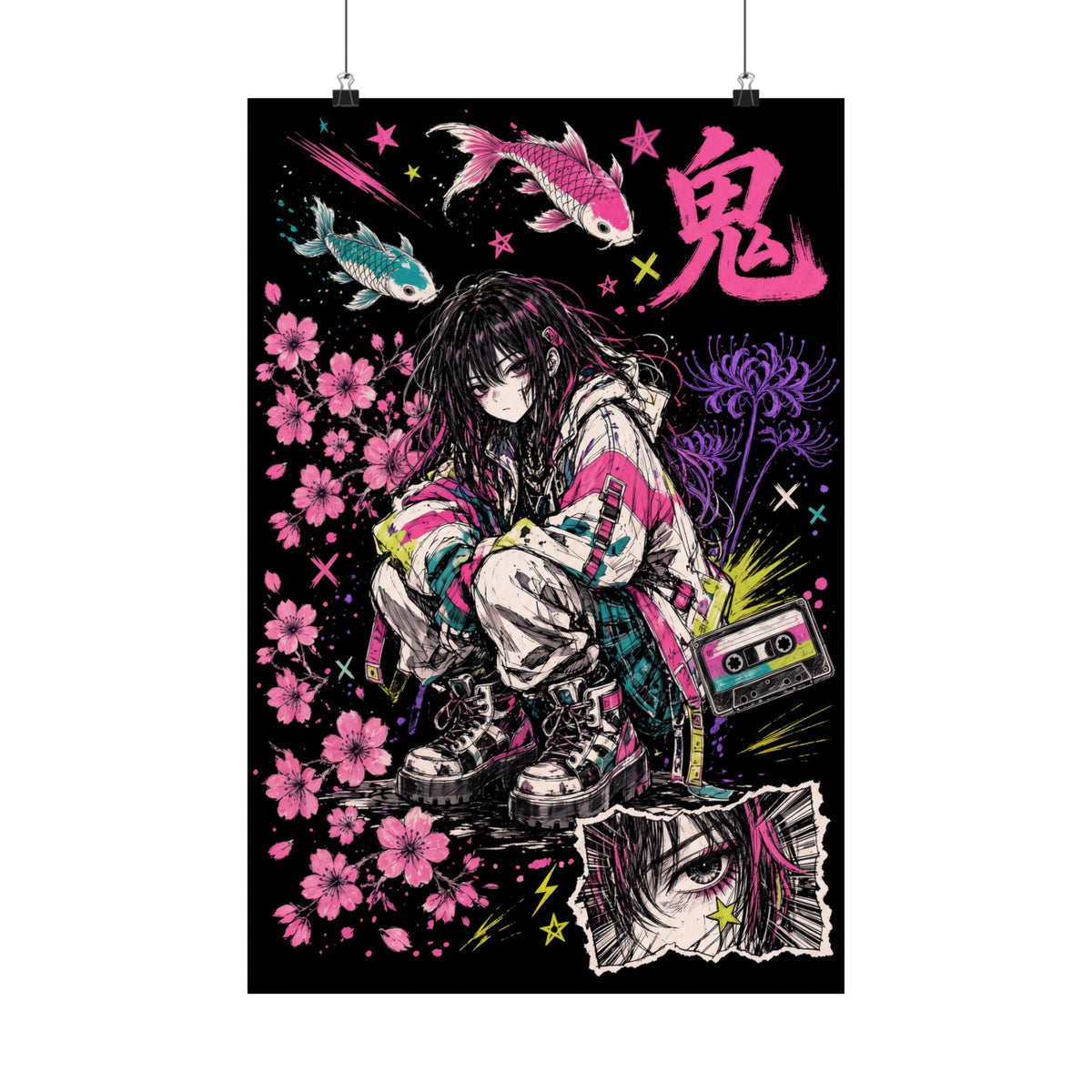 ONI GIRL hand-drawn Japanese art poster, front view with a street-style girl and koi, hung on clips | Formless