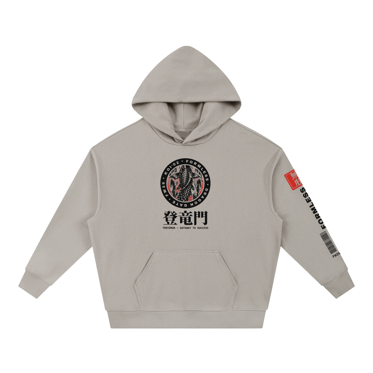 KOI heavyweight boxy hoodie in Medium Gray with round KOI-02 FORMLESS Dragon Gate badge and 登竜門 on the chest – front | Formless