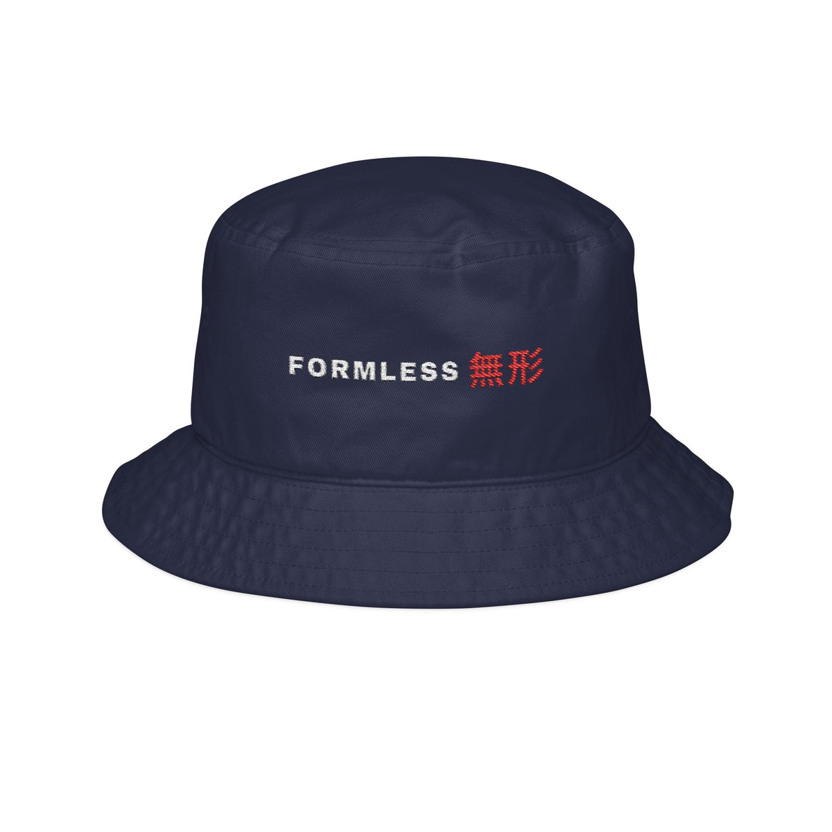 FORMLESS embroidered bucket hat in Navy with small FORMLESS 無形 wordmark – front | Formless