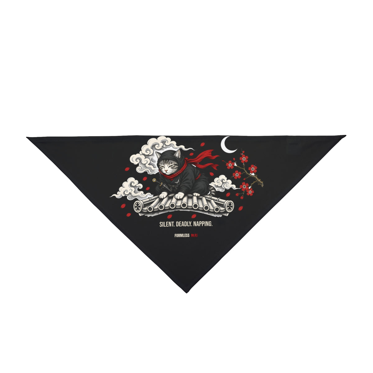SHINOBI dog bandana in black with ninja, crescent moon and red blossoms print, close-up of the print | Formless