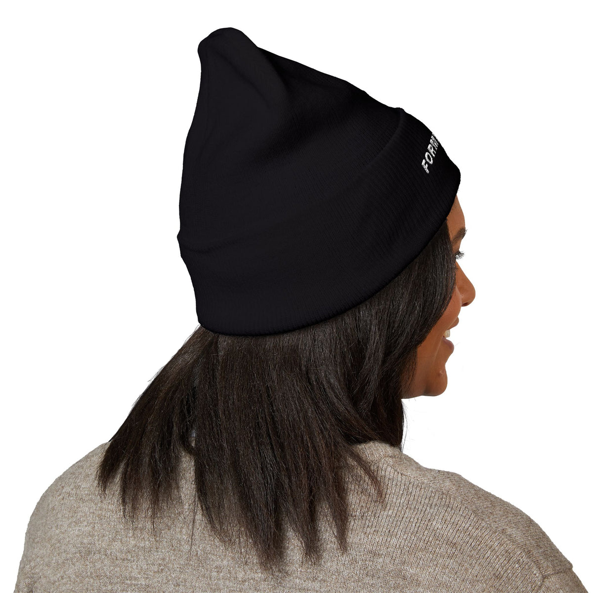 FORMLESS embroidered cuffed beanie in Black with FORMLESS 無形 wordmark on the cuff – worn, back | Formless