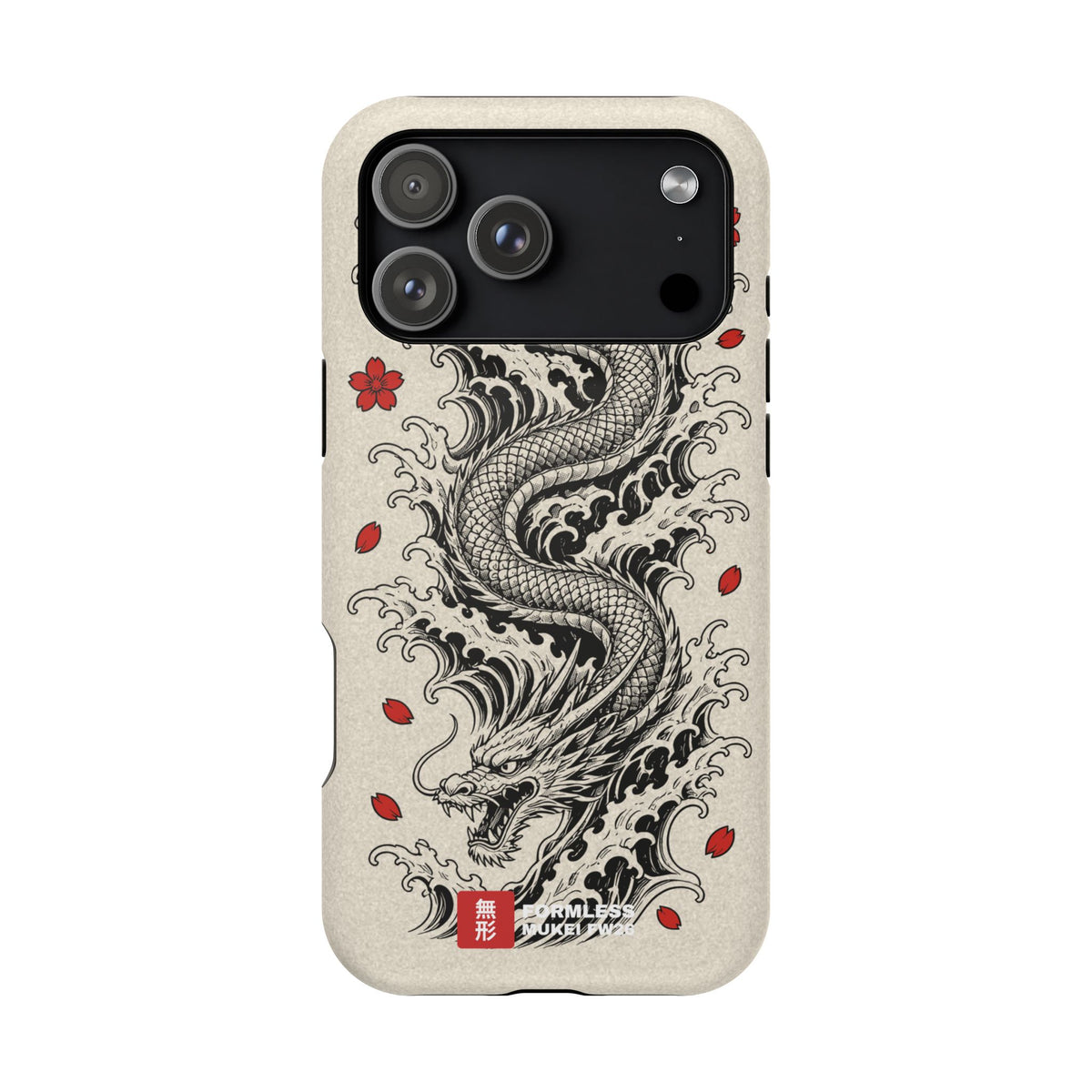 RYŪ dragon magnetic tough phone case, front view on a phone with a triple-lens camera island | Formless