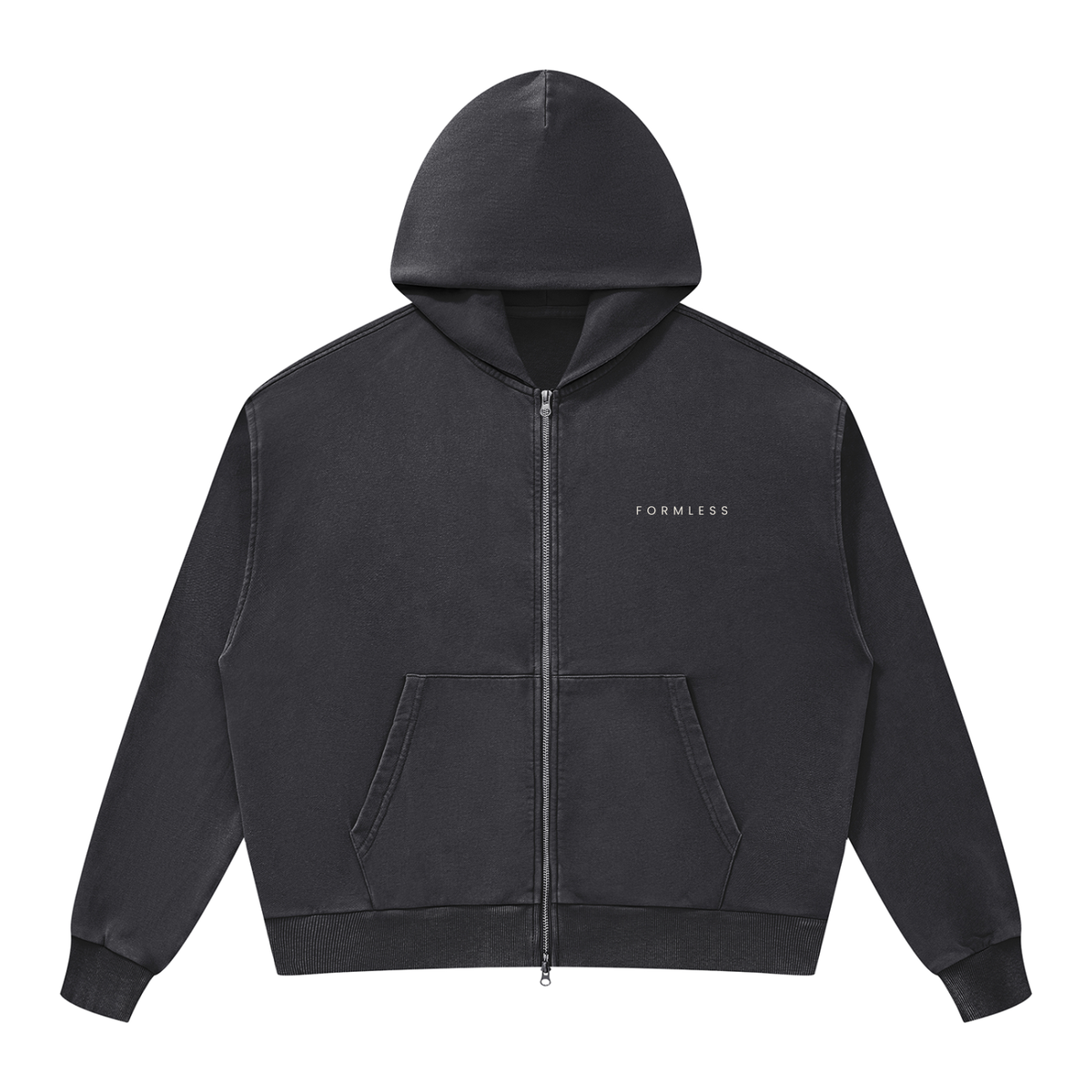 Mineral wash boxy zip hoodie in Dark Gray – front | Formless