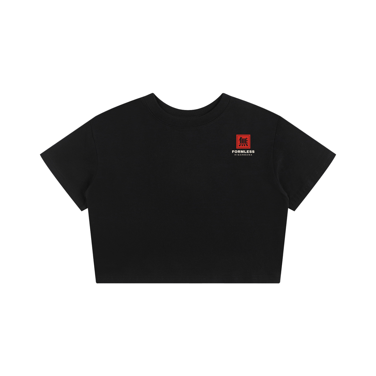 HIGANBANA women's cropped baby tee in Black, flat front view with small red chest logo | Formless