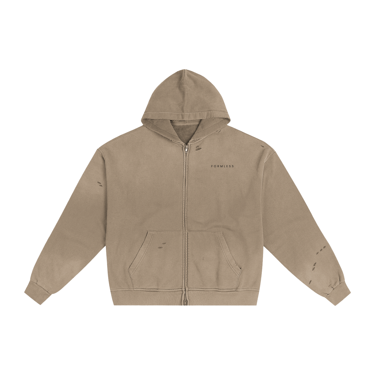 Hand-frayed sunfade zip hoodie in Sand Apricot – front | Formless