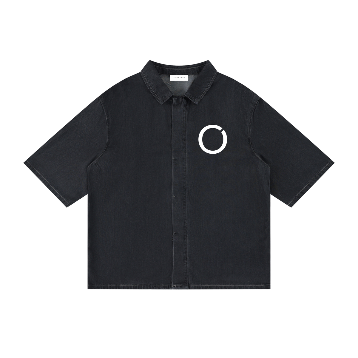 ALBUM vintage wash lyocell camp shirt in Black, flat front view with camp collar and ring emblem | Formless